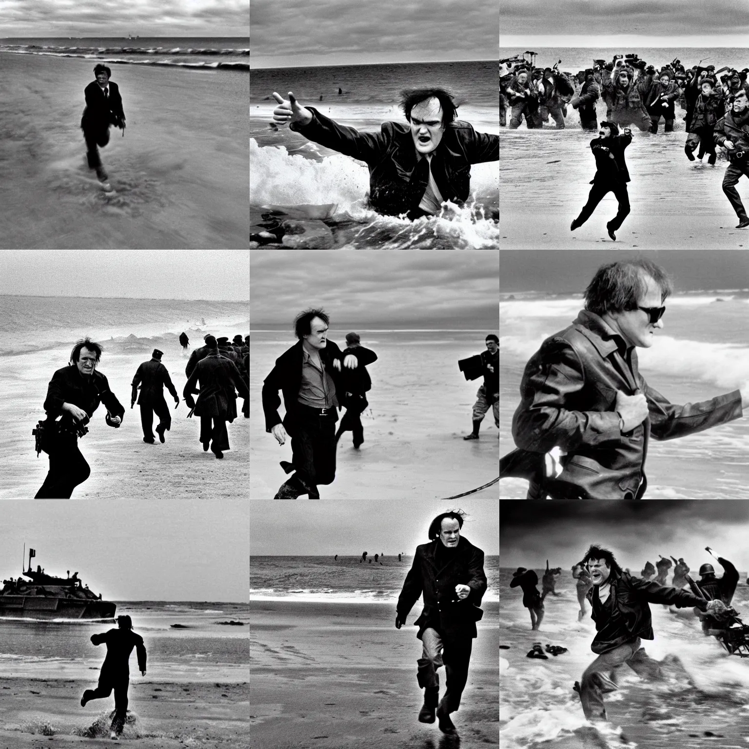 Prompt: quentin tarantino storming the beach of normandy, black and white, high resolution