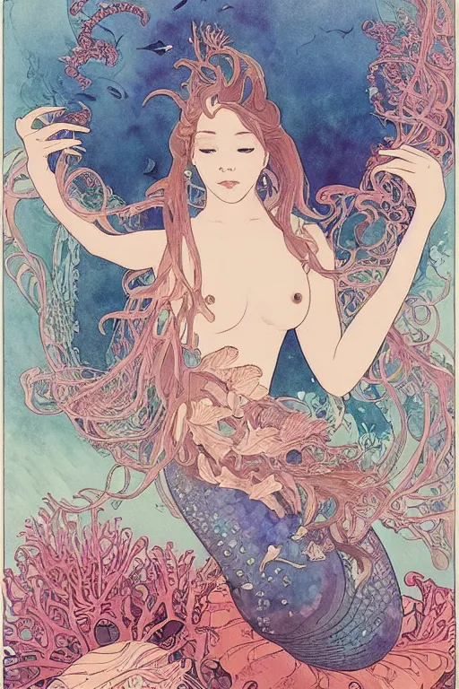 Image similar to a beautiful intricate watercolor illustration of a mermaid swimming with a manta ray in a coral reef, tropical fish and octopus, 4 k, ultra - wide angle, by william turner, by victo ngai, by alphonse mucha, by miho hirano, by moebius, hd, trending on artstation, hyper detailed, muted intense colors