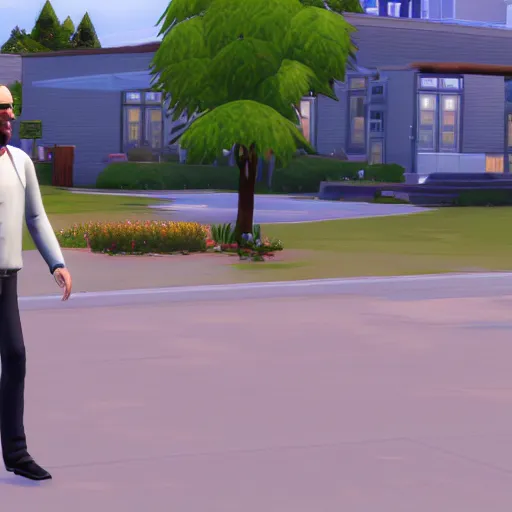 Image similar to videogame screenshot of walter white walking to work in the sims 4, realistic face