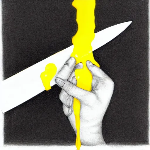 Prompt: pencil drawing of a hand holding a knife dripping with sticky yellow residue, hand and knife are black and white