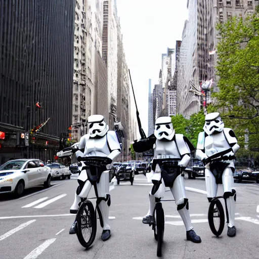 Image similar to several stormtroopers riding unicycles on Park Ave in New York City, 4k photography