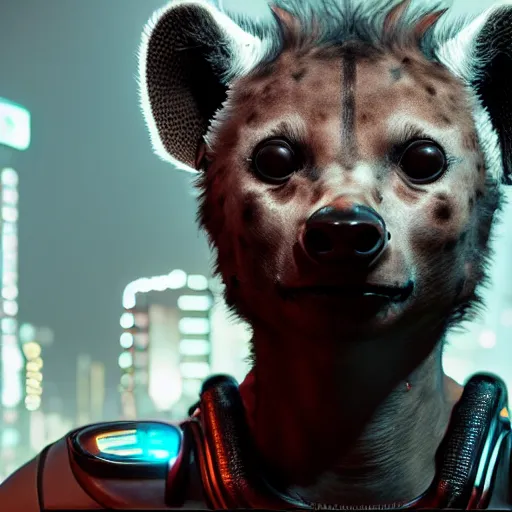 Prompt: cute baby robot hyena, realistic lighting and proportions, cyberpunk 2 0 7 7 screenshot