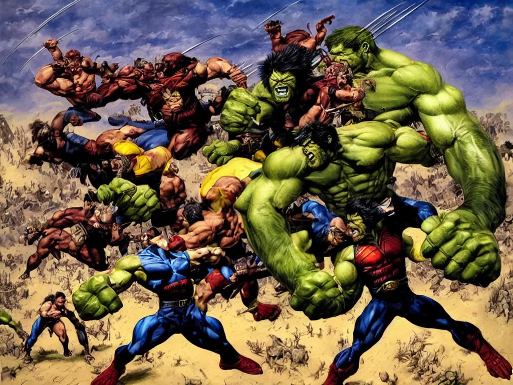 Prompt: Wolverine in battle with Hulk by Frank Frazetta and by Joe Jusko, oil painting, detailed, proportional, trending on art station, 4k