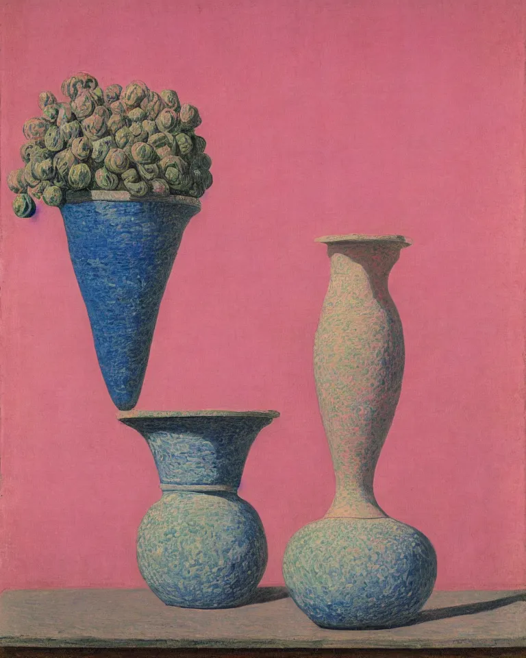 Prompt: achingly beautiful print of intricately painted ancient greek amphora on a pink background by rene magritte, monet, and turner.