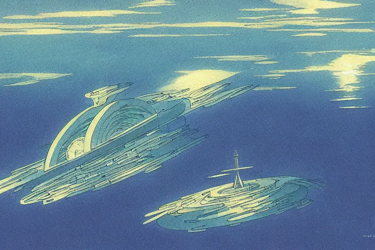 Prompt: an atlantidean organic spaceship drifting trough the sea of dirac, very detailed, in the style of hiroshi yoshida - c 9. 0