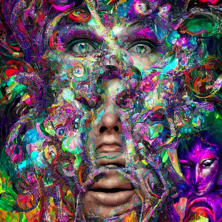 Image similar to hyper-maximalist overdetailed cinematic 70% portrait 30% abstract geometric collage pesudofigurative digital illustration by archan nair inspired by heidi taillefer. Dramatic lights. Psychedelic visionary artwork. Zenith view. Seen from below. 3d render