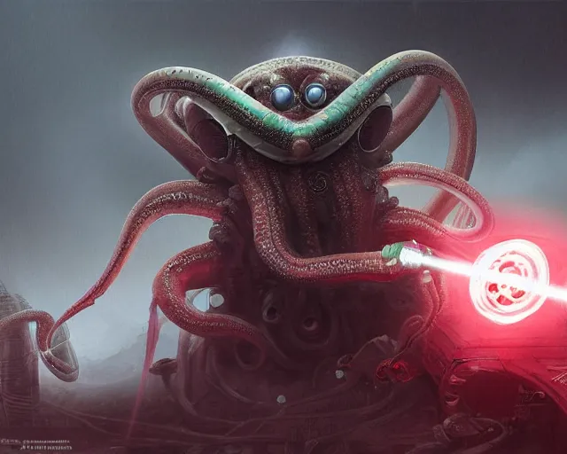 Prompt: alien octopus with 3 eyes dressed like a samurai holding a laser rifle, photorrealistic concept art, digital art, cyberpunk