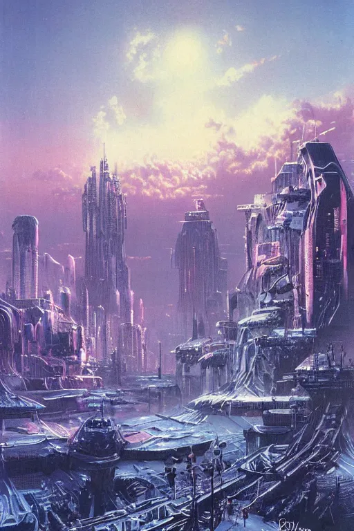 Prompt: a cyberpunk city in an frozen landscape, cosmic sky puffy clouds, sci - fi vivid by bruce pennington