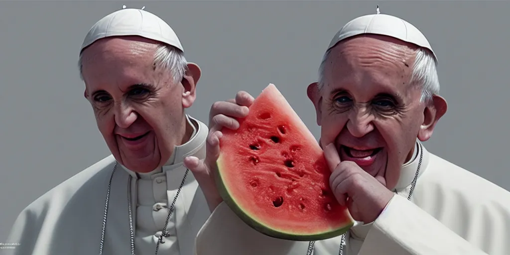 Image similar to The Pope eating watermelon, hyperdetailed, artstation, cgsociety, 8k