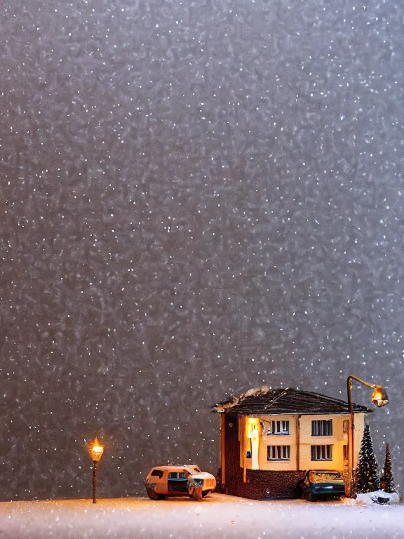 Prompt: small diorama a soviet residential building in soviet suburb, 9 0 s, lights are on in the windows, dark night, two man fighting for bottle of vodka on yard, cozy atmosphere, fog, cold winter, snowing, streetlamps with orange volumetric light, several birches nearby,