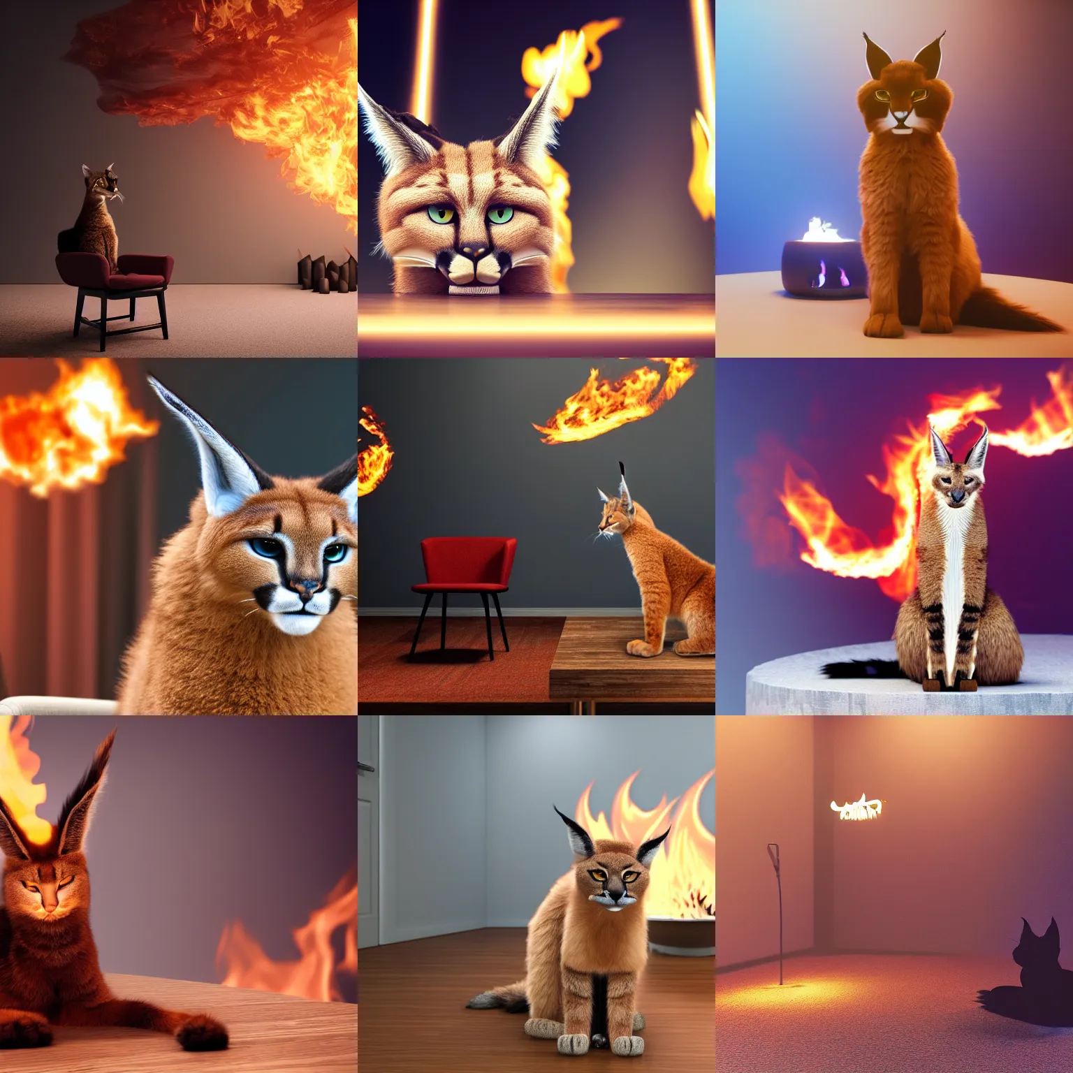 Prompt: wide-angle photo of fluffy cute caracal sitting on a chair near a table in a room, speech balloon in the air, flames of fire at background, octane render, 3d, 8k , hd, studio light