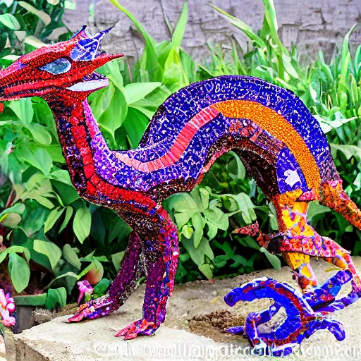 Image similar to mosaic sculpture of a alebrije chimera!!!, irregularly shaped mosaic tiles, recycled pottery shards, in the style of folk art, in a cottagecore flower garden