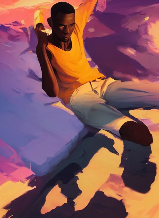 Image similar to detailed digital painting of young black man dreaming floating cmyk text and complex algorithms, dramatic pose by artstation, fanart behance hd by jesper ejsing, by rhads, makoto shinkai and lois van baarle, ilya kuvshinov, rossdraws, enter the matrix, global illumination, radiant light, detailed and intricate environment