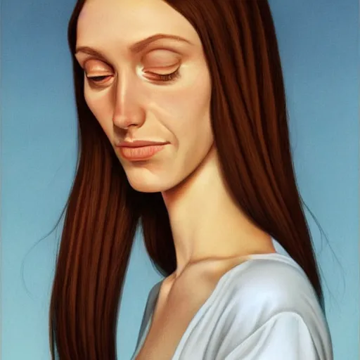 Prompt: a beautiful portrait of a tired, sickly, thin young woman with extremely thin brown hair, by greg hildebrandt