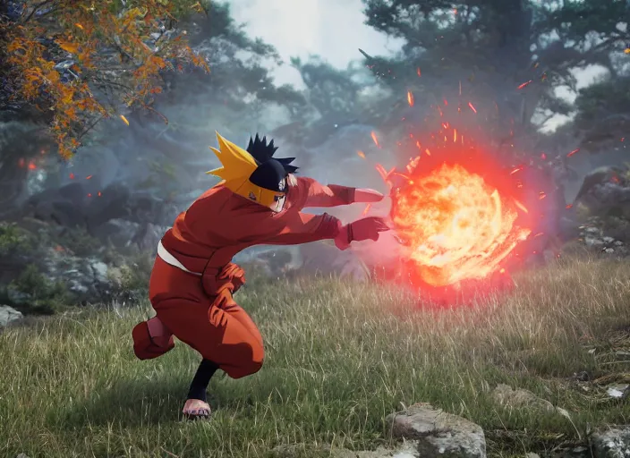 Image similar to naruto and the nine tails on the battlefield, ultra realistic 4 k unreal engine very cinematic render with ray tracing bloom ambient occlusion strong reflections depth of field fog