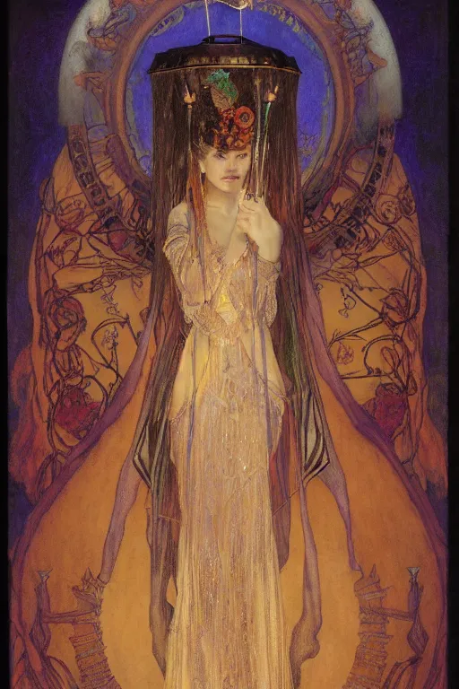 Prompt: queen of the dead with her lantern and regalia, by Annie Swynnerton and Nicholas Roerich and jean delville and Gaston Bussière, black leather and embroidered velvet, iridescent beetles, rich color, ramatic cinematic lighting, featured on Artstation, extremely detailed