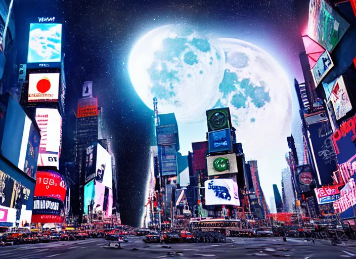 Image similar to film still of the moon shattering into pieces over time square in the new disaster movie, 8 k, night time