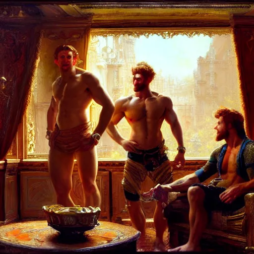 Prompt: attractive muscular mike with ginger hair with attractive tyler with brunet hair, drinking their hearts out, in their noble mansion. very defined to the maximum and highly detailed painting by gaston bussiere, craig mullins 8 k