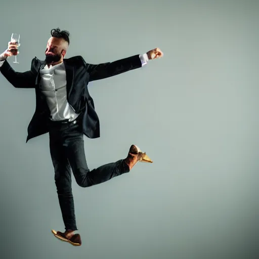 Image similar to a detailed portrait of a man boisterously dancing around the room by himself holding an empty wine bottle as he jumps in the air, detailed facial expression, fine detail, dramatic lighting, award-winning photo UHD, 4K