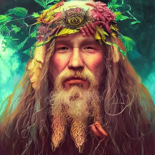 Prompt: “druid portrait by mandy jurgens, andy warhol, ernst haeckel, james jean, artstation”