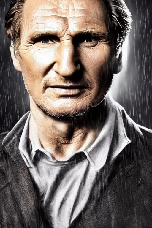 Prompt: professional portrait of Liam Neeson in the rain