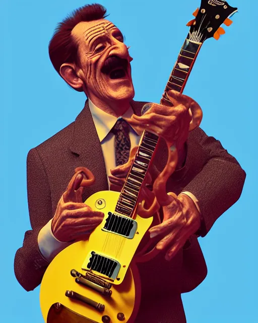 Image similar to barry chuckle ( shredding on a gibson les paul. guitar solo, bold, art by stanisław szukalski, 3 d rendering by beeple )