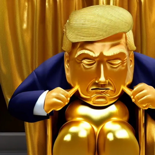 Image similar to donald trump sitting on a gold toilet looking upset, photorealistic
