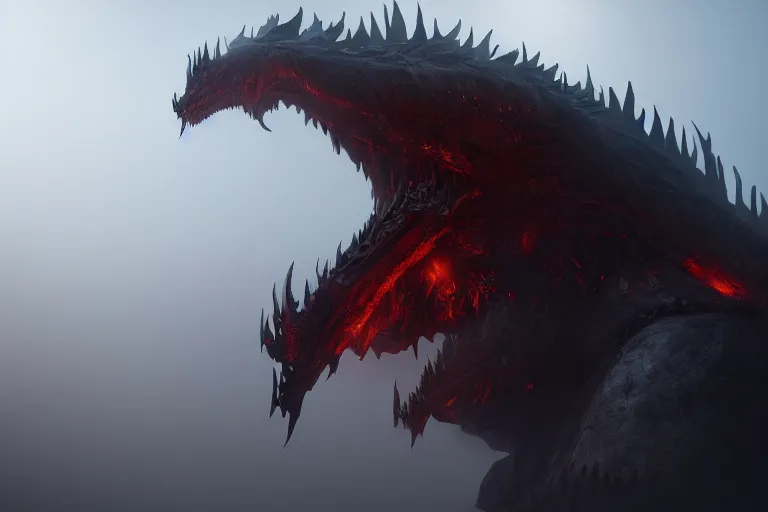 Image similar to amplified ritual engine, closeup portrait of a colossal mega monster dragon, shrouded in fog, dramatic lighting, unreal engine, cgsociety, artstation, 8k