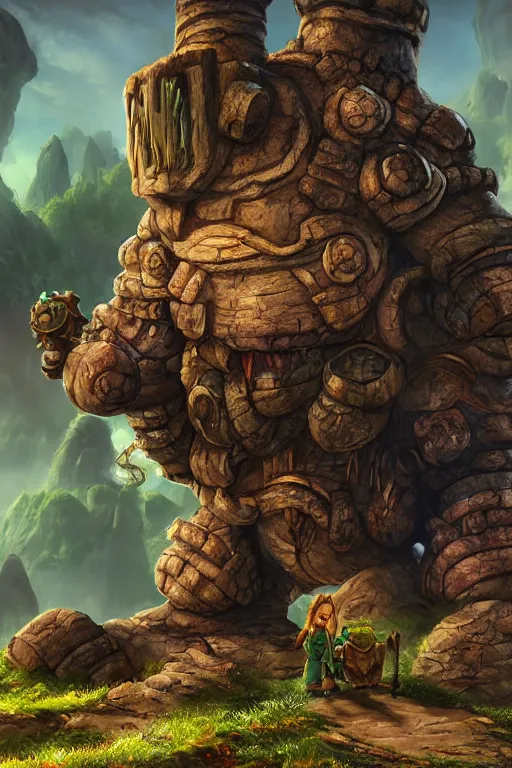 Image similar to zelda fantasy art giant golem troll wood rock greeble gemstone, global illumination ray tracing hdr fanart arstation by sung choi and eric pfeiffer and gabriel garza and casper konefal