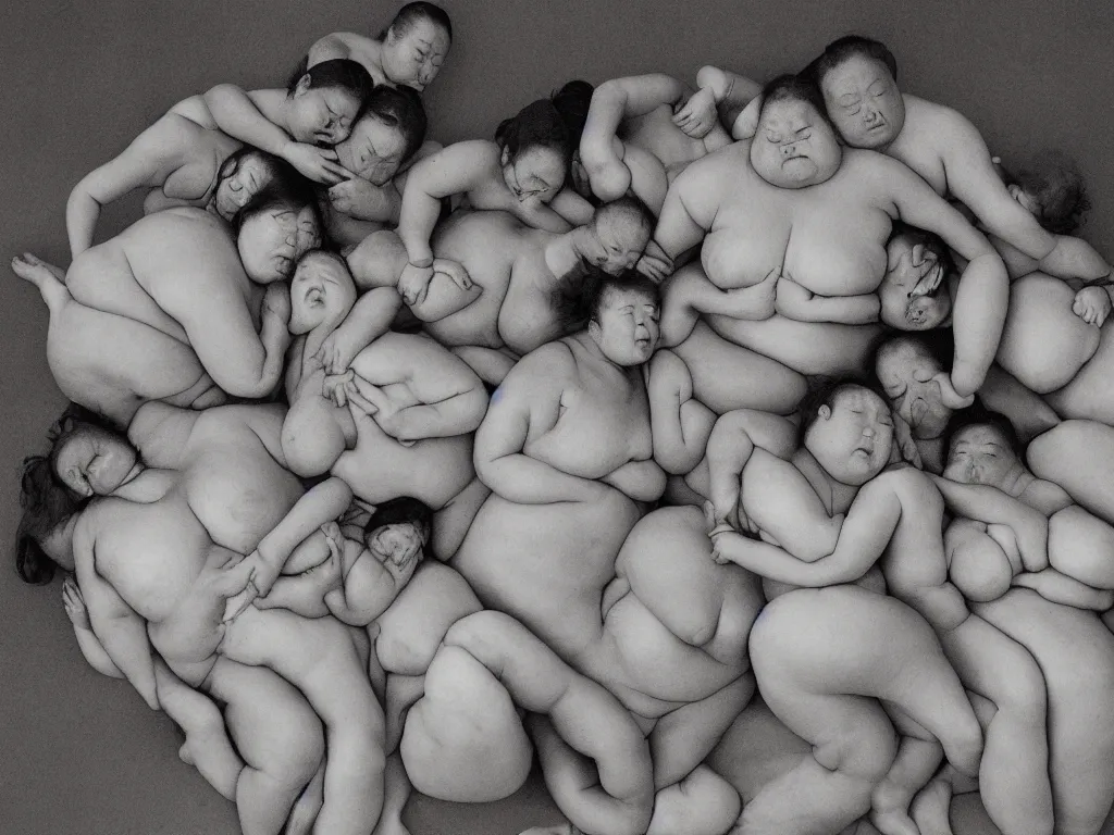 Image similar to a group of fat human bodies intertwined, dense fog, in the style of nobuyoshi araki and klimt,