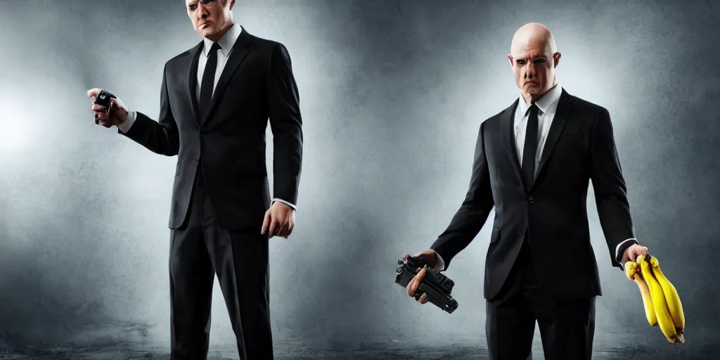 Image similar to agent 4 7 holding a banana, studio photo, award winning photography, dynamic lighting, hdr, stunning scenery, 8 k, incredible detail, beautiful