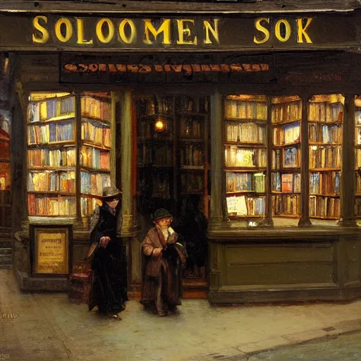 Image similar to Solomon Joseph Solomon and Richard Schmid and Jeremy Lipking victorian genre painting painting of an english 19th century english bookshop store front on a stone city streat with shops and stores at night with cozy lights