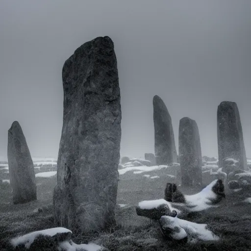 Prompt: 'hundreds of cats play among neolithic standing stones, in a haunting snow storm, fog, atmosphere, brooding clouds'