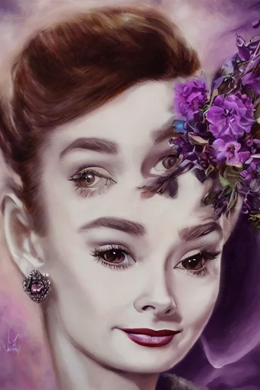 Image similar to closeup portrait fine art photo of the beauty audrey hepburn, she has a crown of stunning flowers and dress of purple satin and gemstones, symmetrical realistic eyes, background full of stormy clouds, by peter mohrbacher