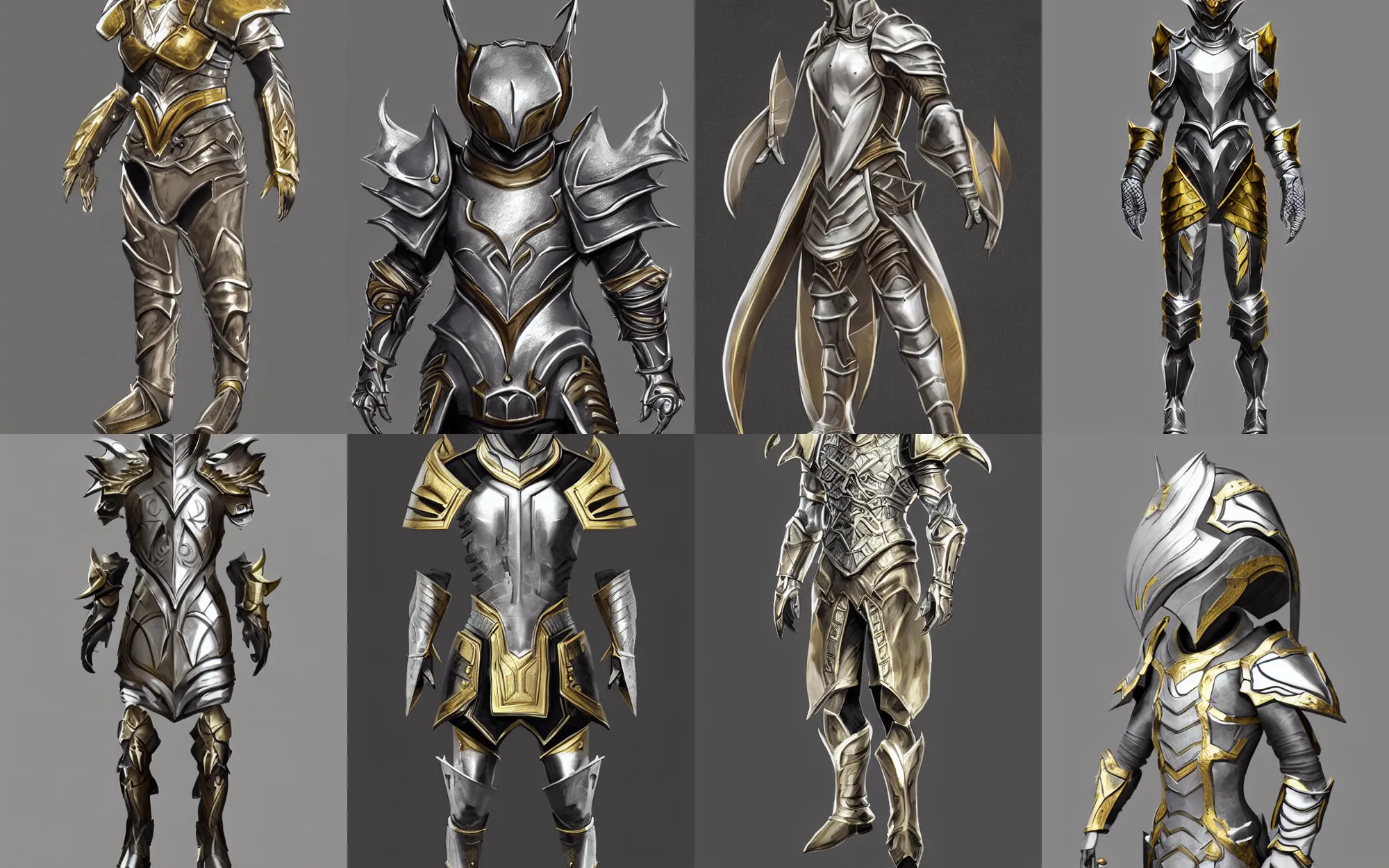 Prompt: very stylish fantasy armor, silver, gold trim, fantasy character art, trending on artstation, front view, flat shading, exaggerated, stylized