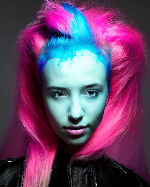 Image similar to a dramatic lighting photo of a beautiful young woman with cotton candy hair. paint splashes. with a little bit of cyan and pink