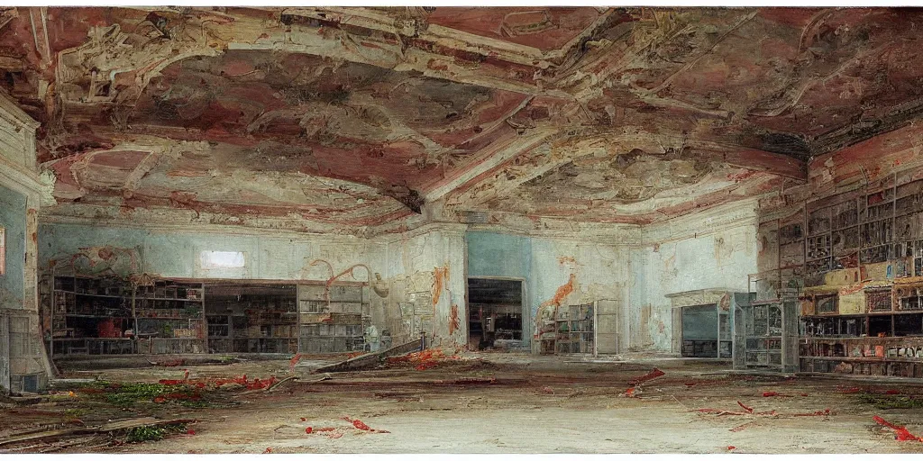 Image similar to an abandoned supermarket painted by thomas cole