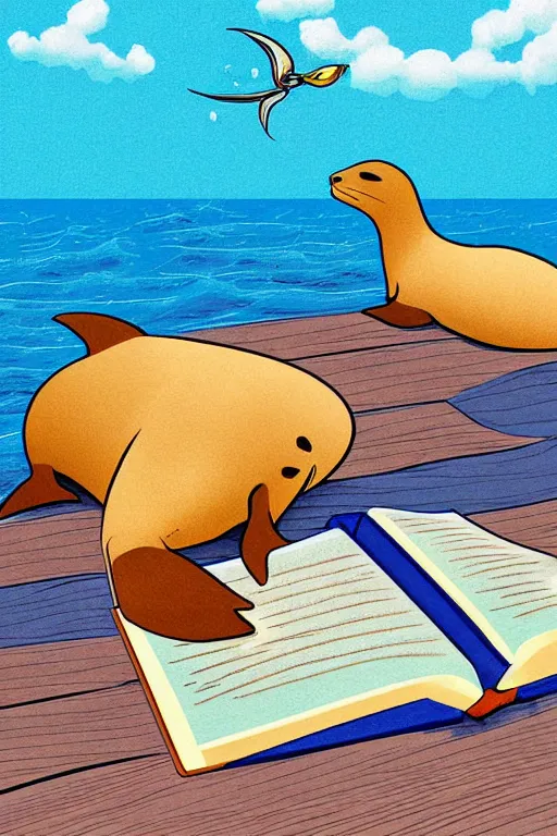 Prompt: illustration for a story that reads : sleek sea lions are very smart, you'll see them basking in the sun. but don't be fooled by their lazy look, they're actually studying a book!, colorful, fantasy, pixar, childrens book illustration, sharp high detail, manga and anime ( 7 )