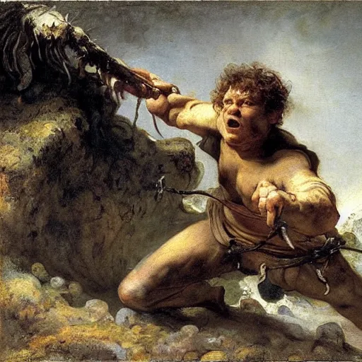 Prompt: samwise gamgi fighting shelob the giant spider queen, painting by gustave courbet, high detail, claude joseph vernet, rembrandt, museum painting, masterpiece