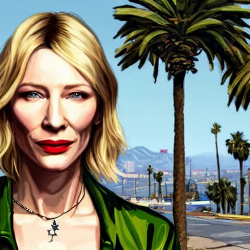 Image similar to cate blanchett in GTA v. Los Santos in the background, palm trees. In the art style of Stephen Bliss.