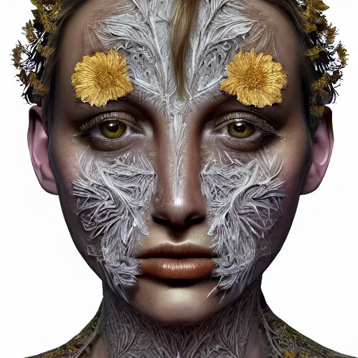 Image similar to face portrait of a beautiful woman, 150 mm, anatomical, flesh, flowers, mandelbrot fractal, veins, arteries, symmetric, intricate, golden ratio, full frame, microscopic, elegant, highly detailed, ornate, ornament, elegant , luxury, beautifully lit, ray trace, octane render in the style of peter Gric , alex grey and Romero Ressendi