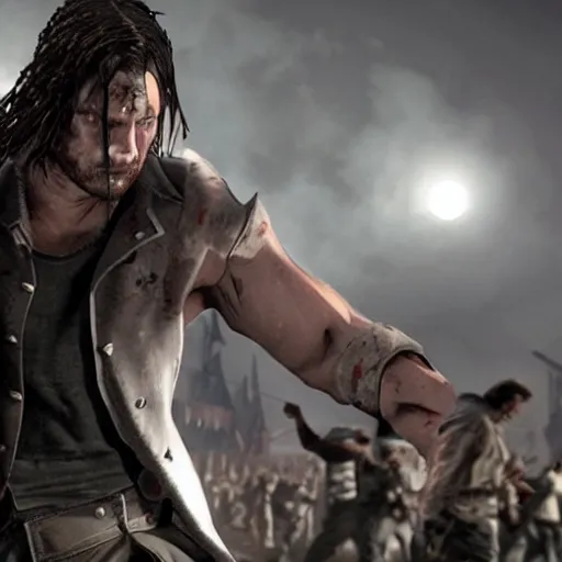 Image similar to trevor belmont in world war z, dynamic posing, illuminated face from the moon