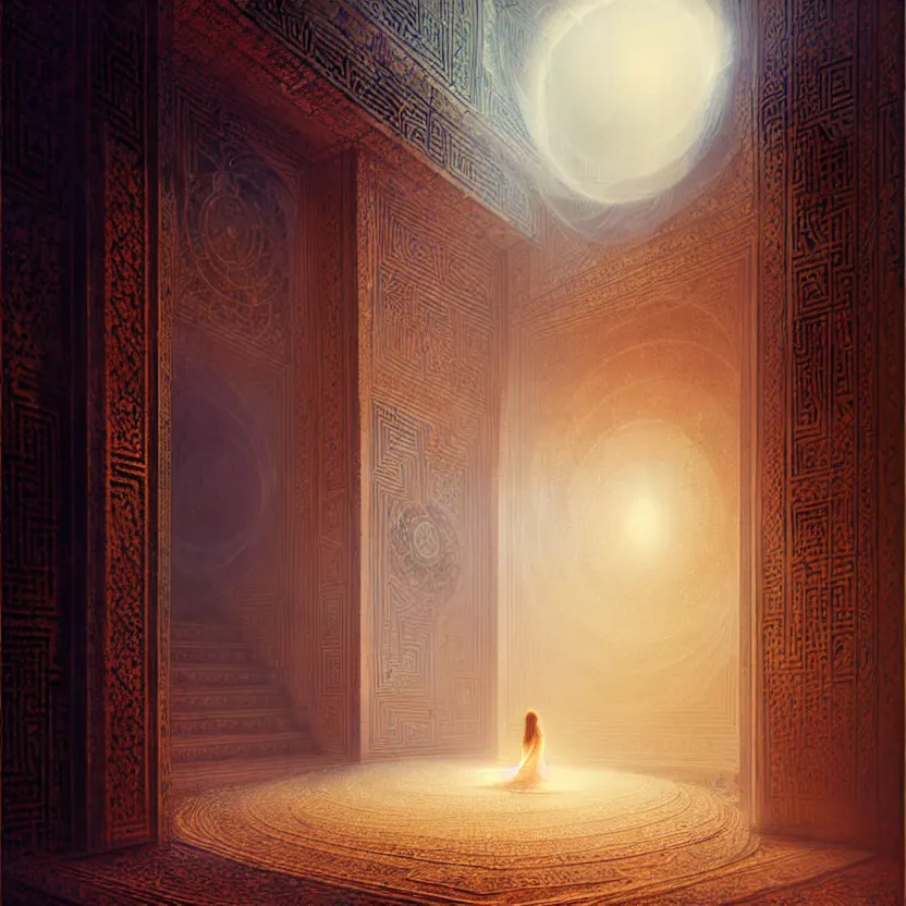 Image similar to magic fluffy Persian carpet & mirror dimension, vertical labyrinth structure, by Greg Rutkowski and Gaston Bussiere, dim lighting, beautiful volumetric-lighting-style atmosphere, surreal atmosphere, intricate, detailed, photorealistic imagery, artstation