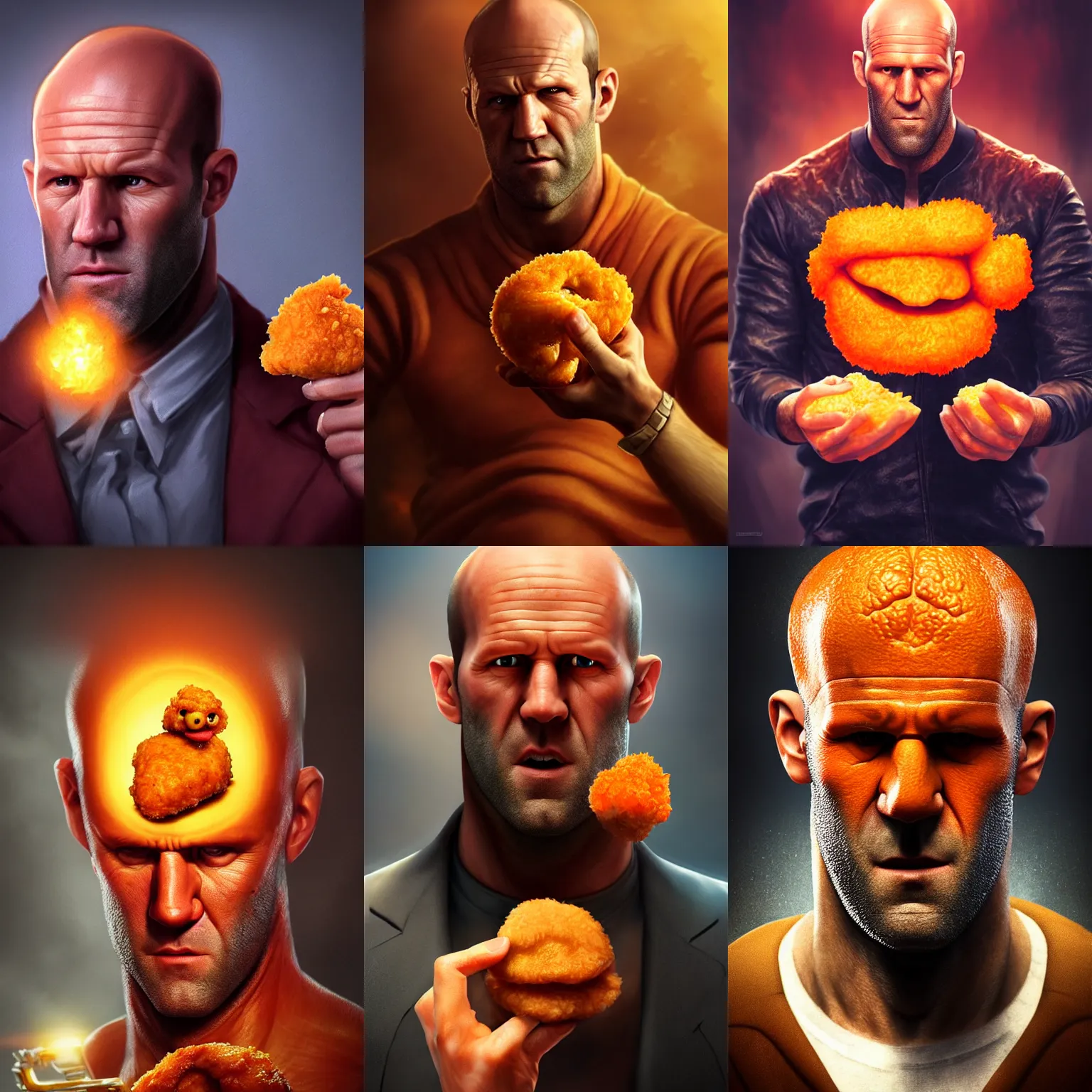 Prompt: ultrarealistic fantasy portrait jason statham as a orange ( chicken nugget ) intricate details holding a ( chicken nugget ), fantasy character octane render, cinematic lighting, volumetric lighting, artstation, dnd art, cgsociety, sharp focus, digital painting by artgerm, gerald brom, wlop