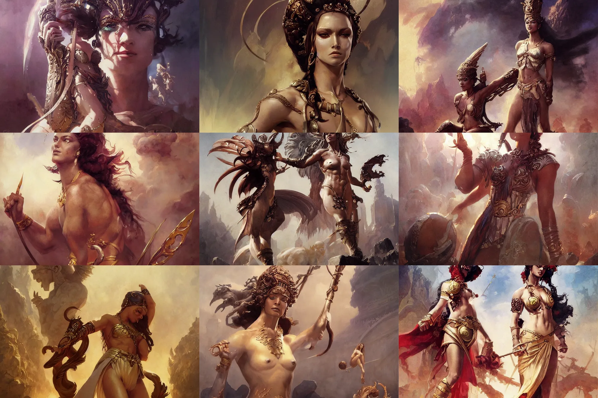 Prompt: An epic fantasy character art full portrait of a goddess at the first olympic games, by Greg Rutkowski, Frank Frazetta, Boris Vallejo, very very beautiful, olympus, Exquisite detail, post-processing, masterpiece, cinematic, coliseum