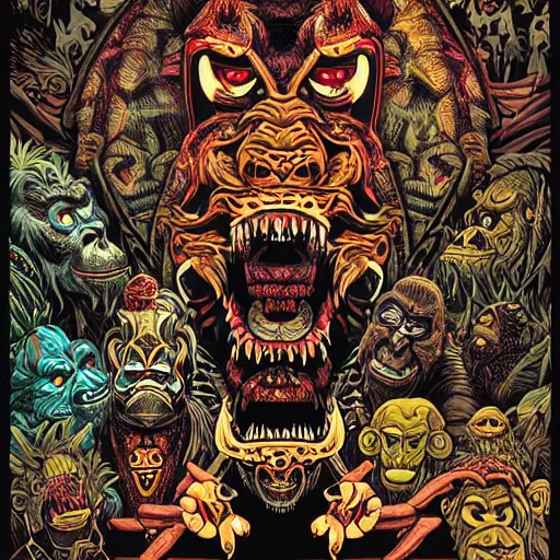 Image similar to barong family, wiwek, mara demon, one single tribe member, jungle, one single mask, dark, ancient warrior, stupid silly dumb gorilla moron, fat lizard, tribal, inner glow, art by dan mumford and justin gerard