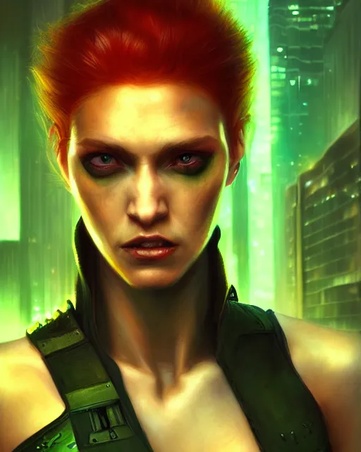Image similar to cyberpunk rebel woman, perfect face, black halter top, ginger hair, green eyes, cinematic, stunning, agile, highly detailed, digital painting, artstation, smooth, hard focus, illustration, art by jessica rossier and and brian froud