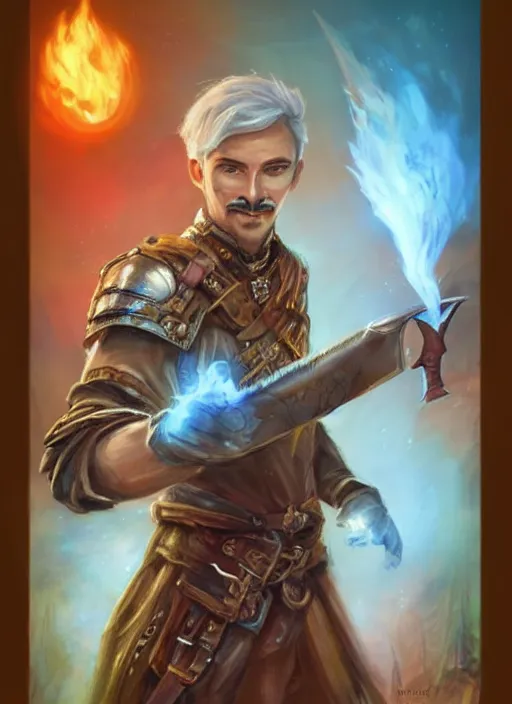 Image similar to young man with short white hair and moustache, dndbeyond, bright, colourful, realistic, dnd character portrait, full body, pathfinder, pinterest, art by ralph horsley, dnd, rpg, lotr game design fanart by concept art, behance hd, artstation, deviantart, hdr render in unreal engine 5