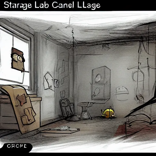 Image similar to storage lab concept art inspired by the game little nightmares and limbo
