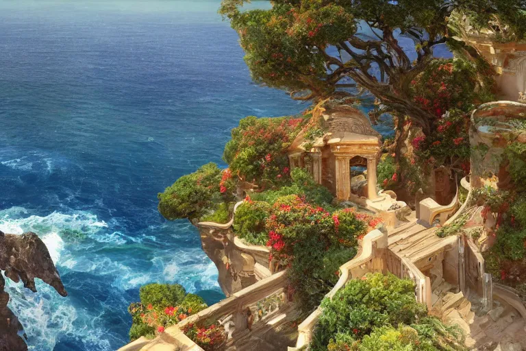 Image similar to lovely villa sits atop a broad cliff, overlooking the entirety of the blue sky, digital painting by greg rutkowski and gaston bussiere, zbrush, cgsociety contest winner, comprehensive art, intricate, landscape photography, brightly radiant atmosphere, overcast sky, homogeneous to hawaii, 4 k, 8 k